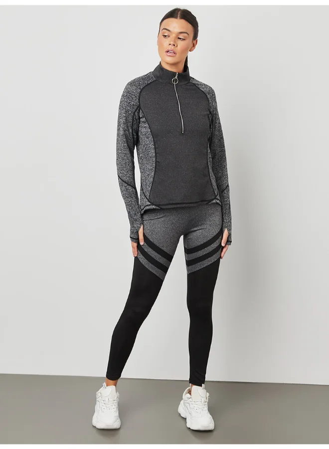Closet By Styli Ring Zip-Up Tonal Long Sleeve Active T-Shirt Grey/Black