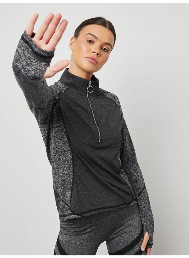 Closet By Styli Ring Zip-Up Tonal Long Sleeve Active T-Shirt Grey/Black