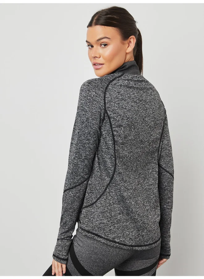 Closet By Styli Ring Zip-Up Tonal Long Sleeve Active T-Shirt Grey/Black