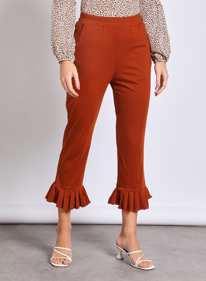 Aila Women's Casual Elastic Waistband Front Pocket Pleated Hem Cropped Pants Brown  - Image 1