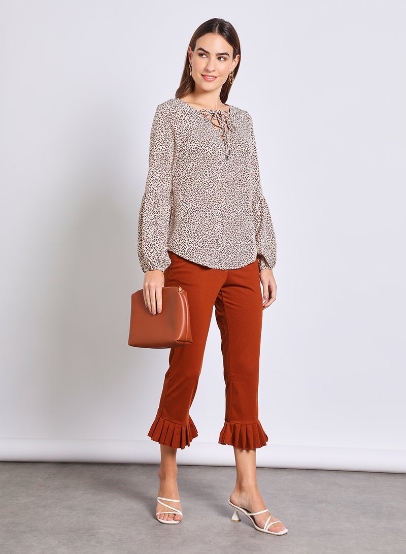 Aila Women's Casual Elastic Waistband Front Pocket Pleated Hem Cropped Pants Brown  - Image 2