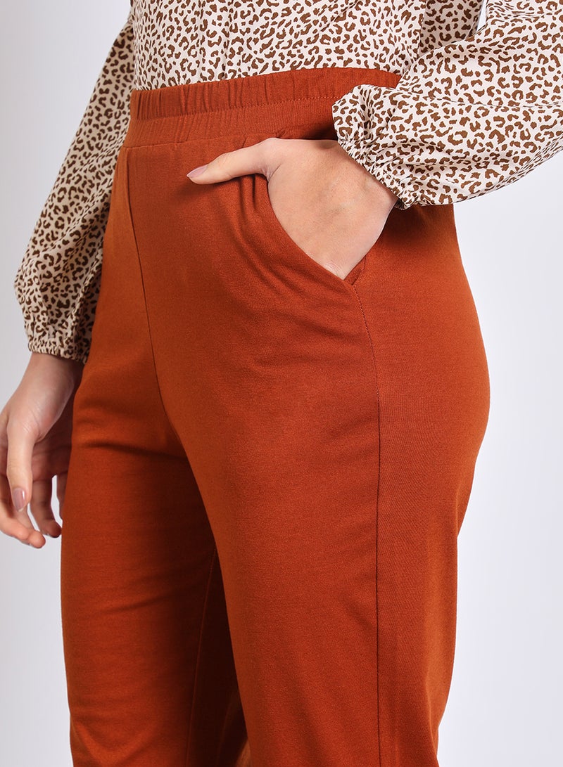 Aila Women's Casual Elastic Waistband Front Pocket Pleated Hem Cropped Pants Brown  - Image 4