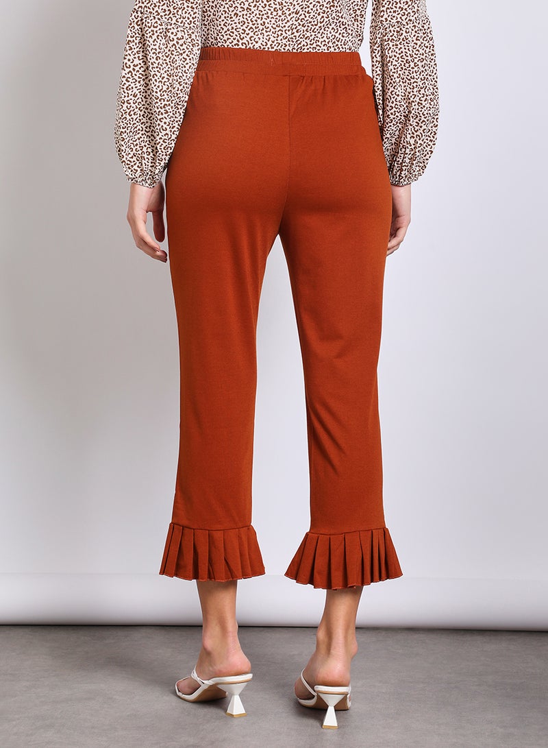 Aila Women's Casual Elastic Waistband Front Pocket Pleated Hem Cropped Pants Brown  - Image 3