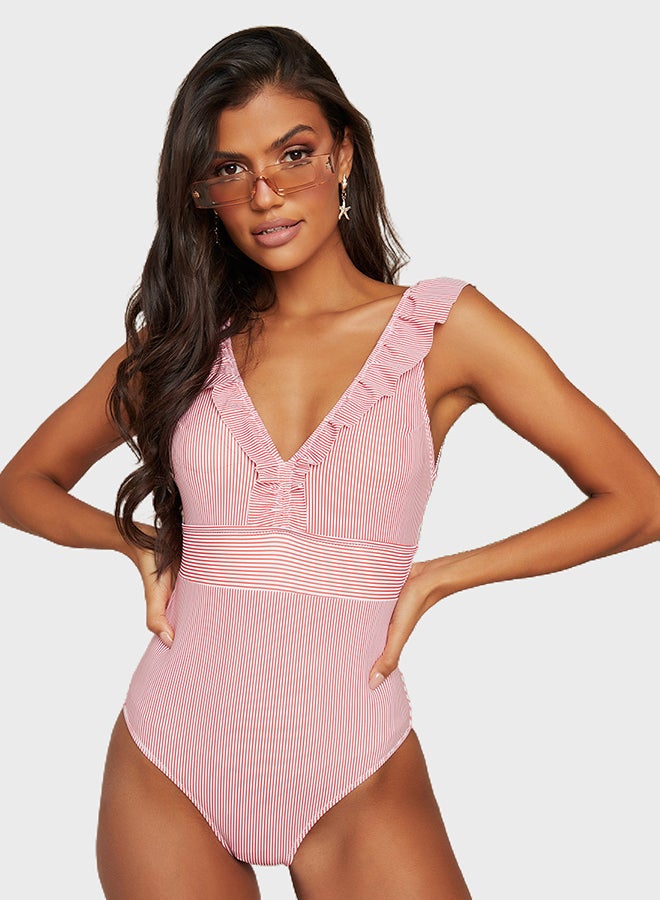 Closet By Styli - Ruffle Detail Plunge Neck Swimsuit Pink/White - Image 1