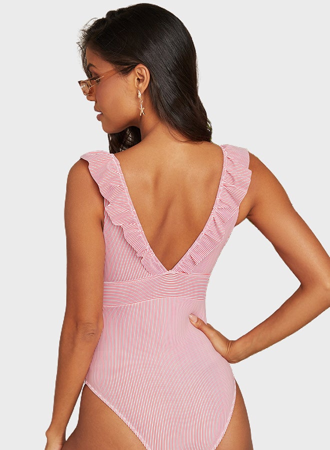 Closet By Styli - Ruffle Detail Plunge Neck Swimsuit Pink/White - Image 1
