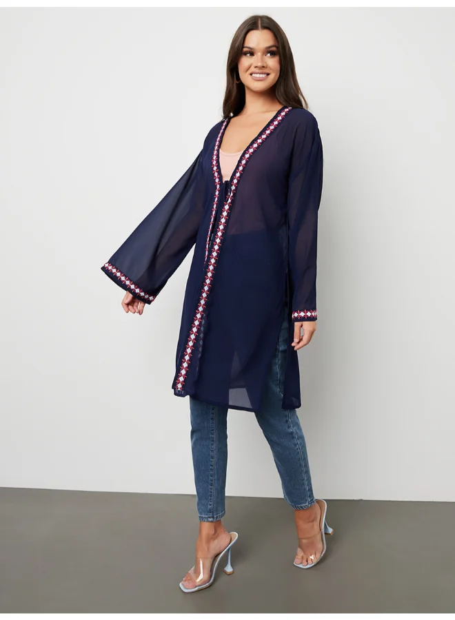 Closet By Styli Embroidered Border Kimono Navy Blue