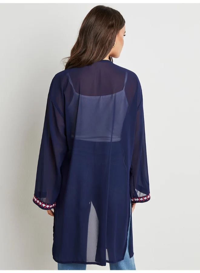 Closet By Styli Embroidered Border Kimono Navy Blue