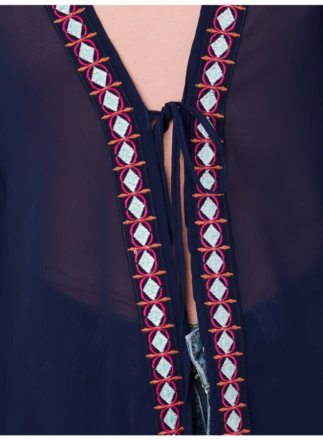 Closet By Styli Embroidered Border Kimono Navy Blue