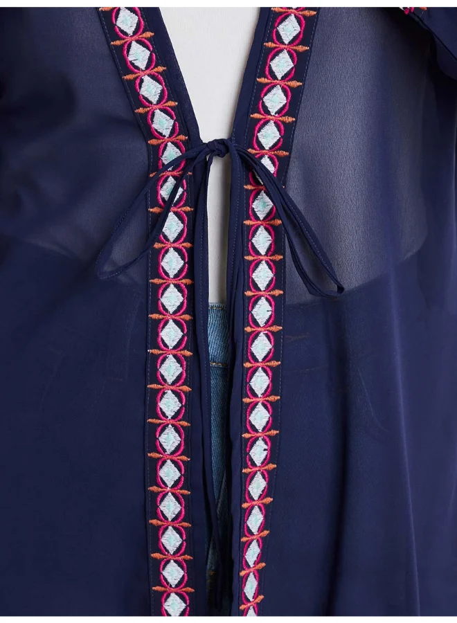 Closet By Styli Embroidered Border Kimono Navy Blue