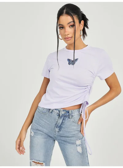 Closet By Styli Ruched Detail Round Neck T-Shirt Light Purple