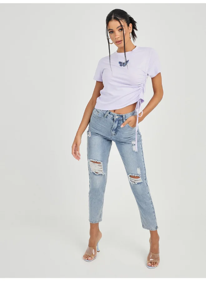 Closet By Styli Ruched Detail Round Neck T-Shirt Light Purple