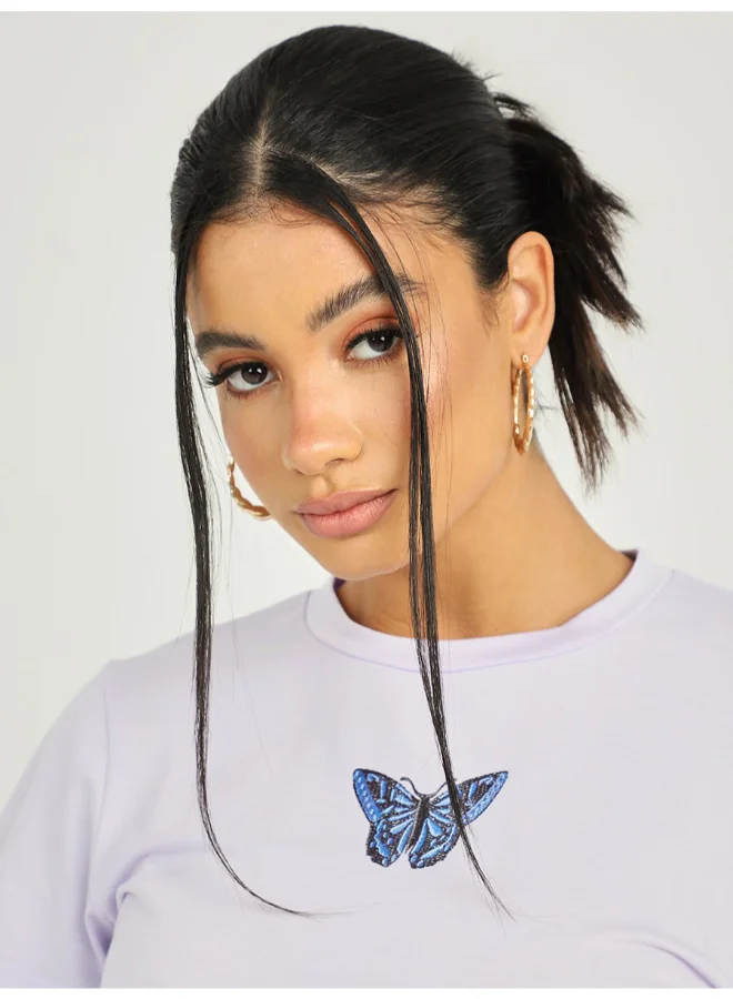 Closet By Styli Ruched Detail Round Neck T-Shirt Light Purple