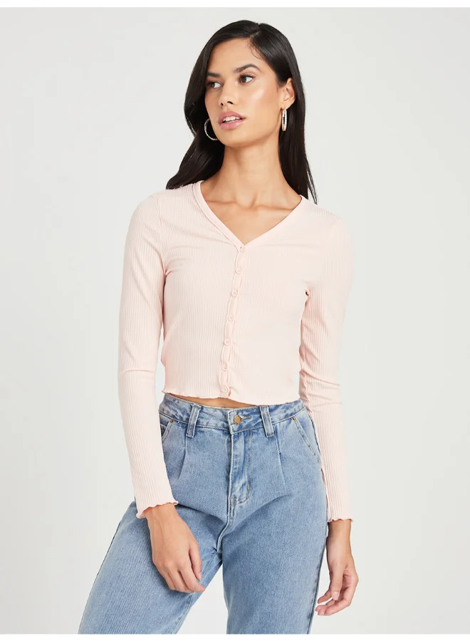 Closet By Styli Button Detail Long Sleeve Crop T-Shirt