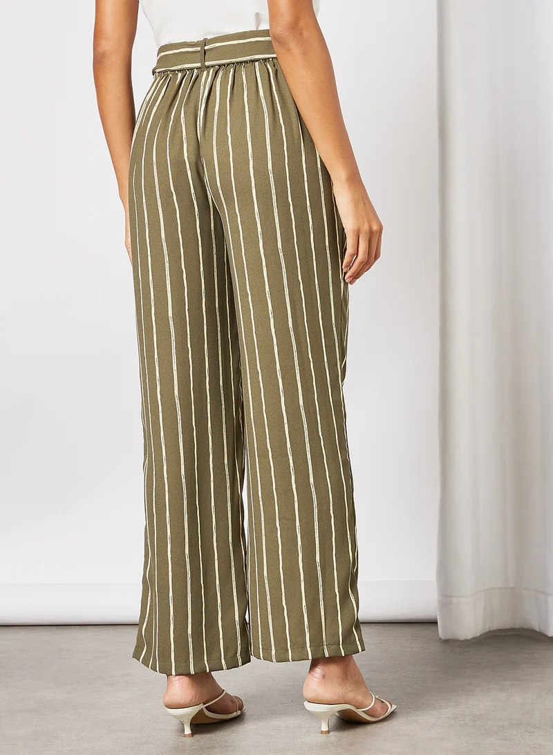 PIECES Striped Straight Fit Pants Grape Leaf/Mellow Yellow
