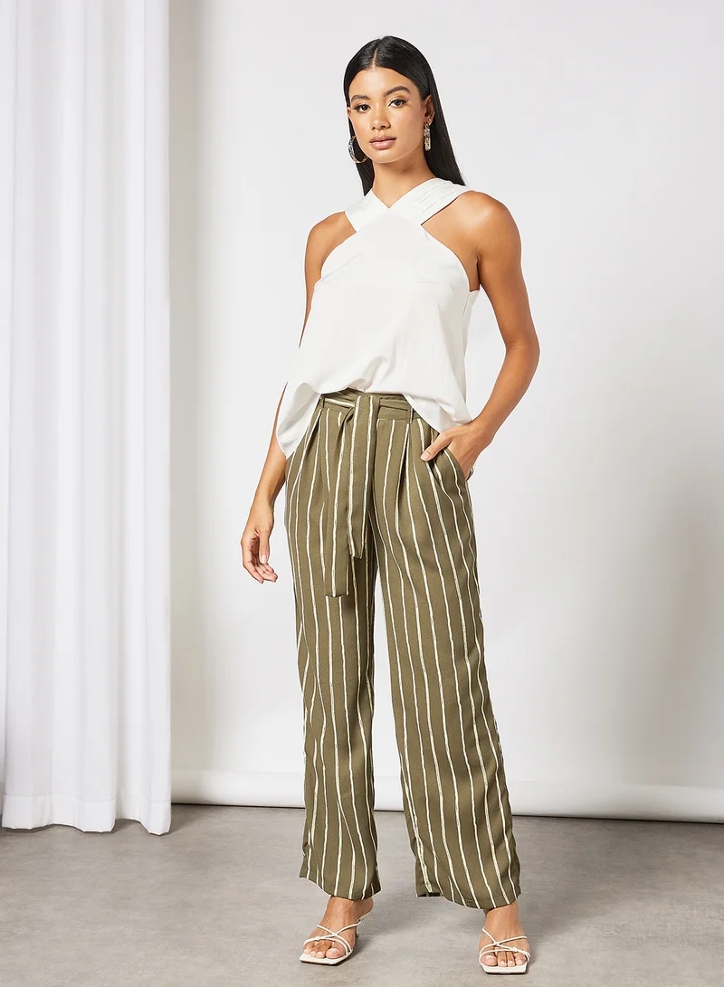 PIECES Striped Straight Fit Pants Grape Leaf/Mellow Yellow