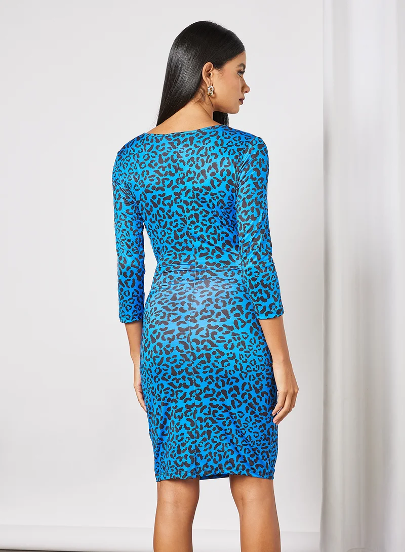 PIECES Round Neck Printed Dress Blue/Black