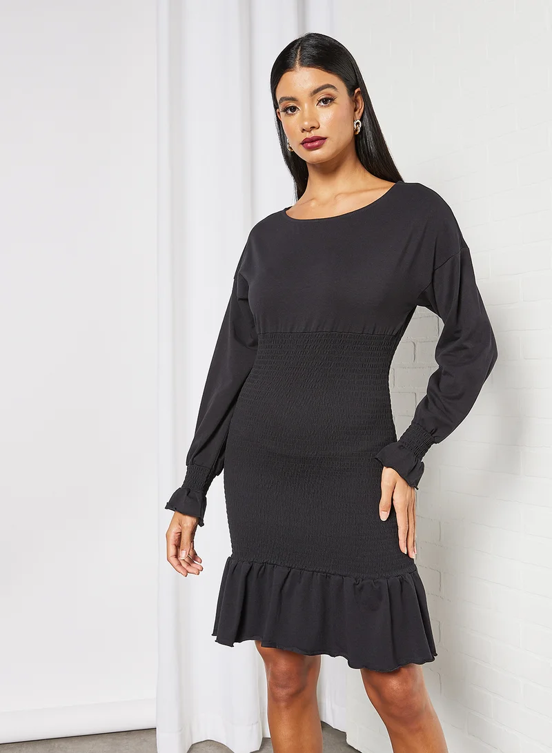 نويزي ماي Smocked Waist Mini Dress أسود
