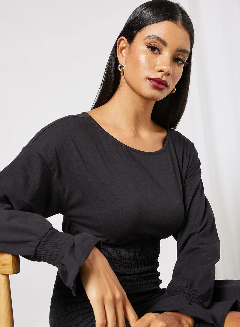 نويزي ماي Smocked Waist Mini Dress أسود