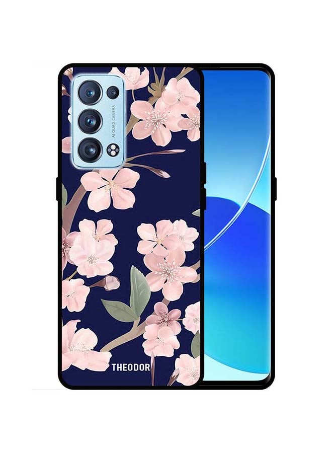 Theodor Protective Case Cover For Oppo Reno 6 Pro 5G Pink Flowers In Blue Background - Image 1