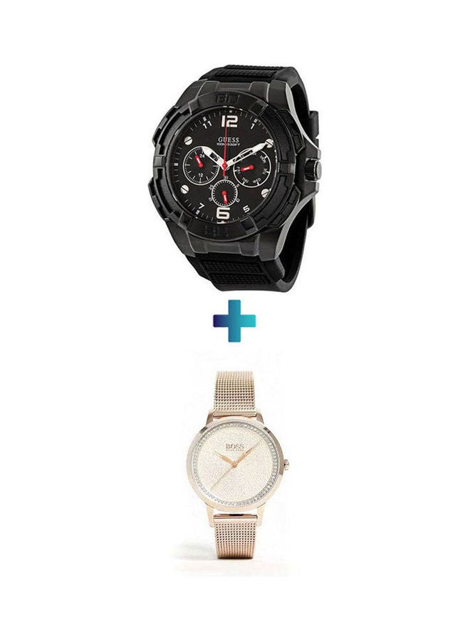 جس ساعة يد بعقارب وسوار من المطاط طراز W1254G2 مع ساعة بعقارب وسوار من الستانلس ستيل للنساء طراز 1502464 للرجال - Image 1