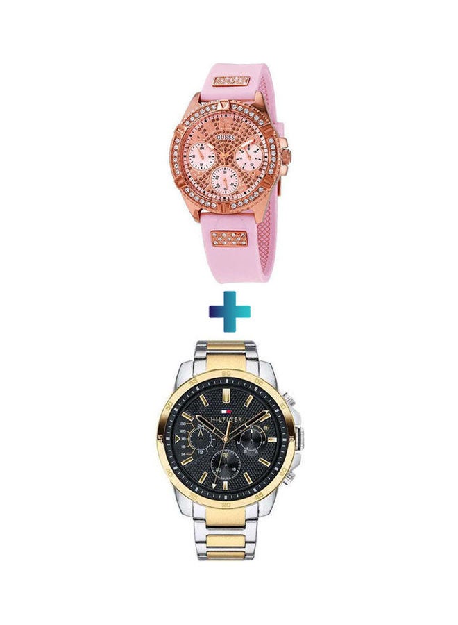 GUESS Women's Rubber Analog Watch W1160L5 With Stainless Steel Chronograph Watch 1791559 Set