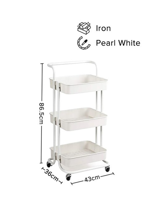 3 Tier Utility Rolling Storage Cart With Handles And Lockable Wheels Pearl White 43x36x86.5cm