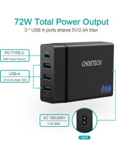 CHOETECH USB C PD And 3 USB A Port 72W Wall Charger Black  - Image 2