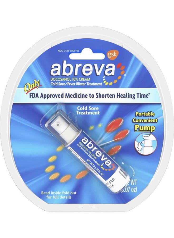 abreva Docosanol 10% Cream Pump, Treatment for Cold Sore with Fever Blister, 0.07 Ounce - Image 1