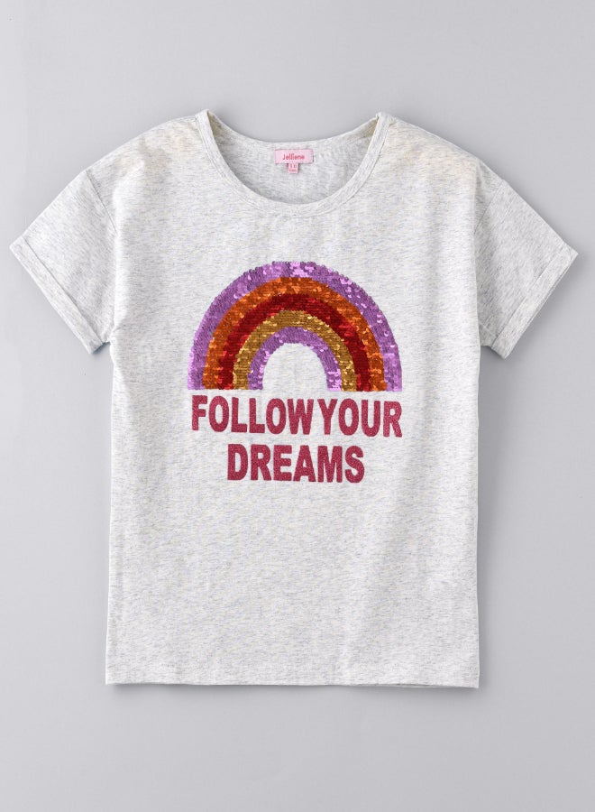 Jelliene Slogan Printed Sequin Detail T-Shirt Grey  - Image 1