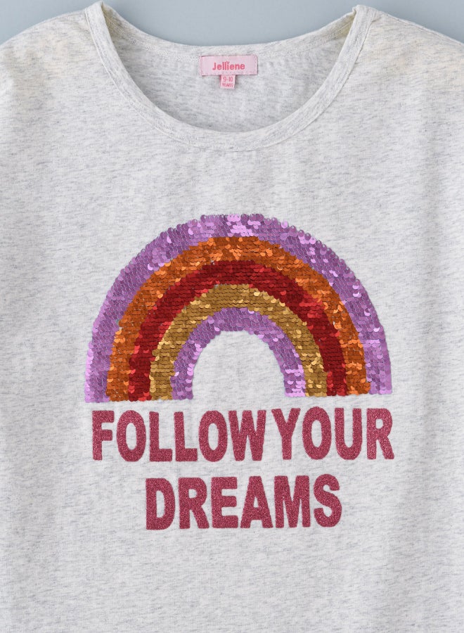 Jelliene Slogan Printed Sequin Detail T-Shirt Grey  - Image 3