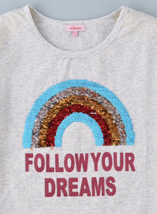 Jelliene Slogan Printed Sequin Detail T-Shirt Grey  - Image 4
