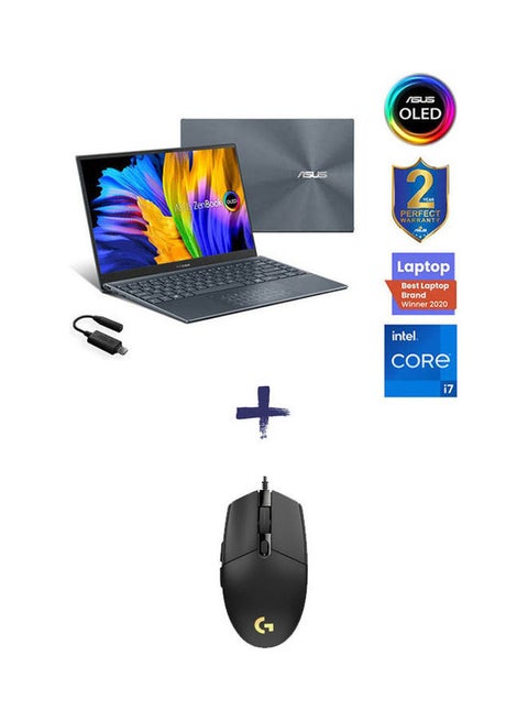 Zenbook 13 Ultra-Slim Ux325Ea-Kg287T With 13.3 Inch Oled Fhd Display / Intel 11Th Gen Core I7 -1165G7 /16Gb Ram /1Tb Ssd / Intel Iris X Graphics/ Wondows Pine Grey With G203 Lightsync Gaming Mouse English/Arabic Pine Grey