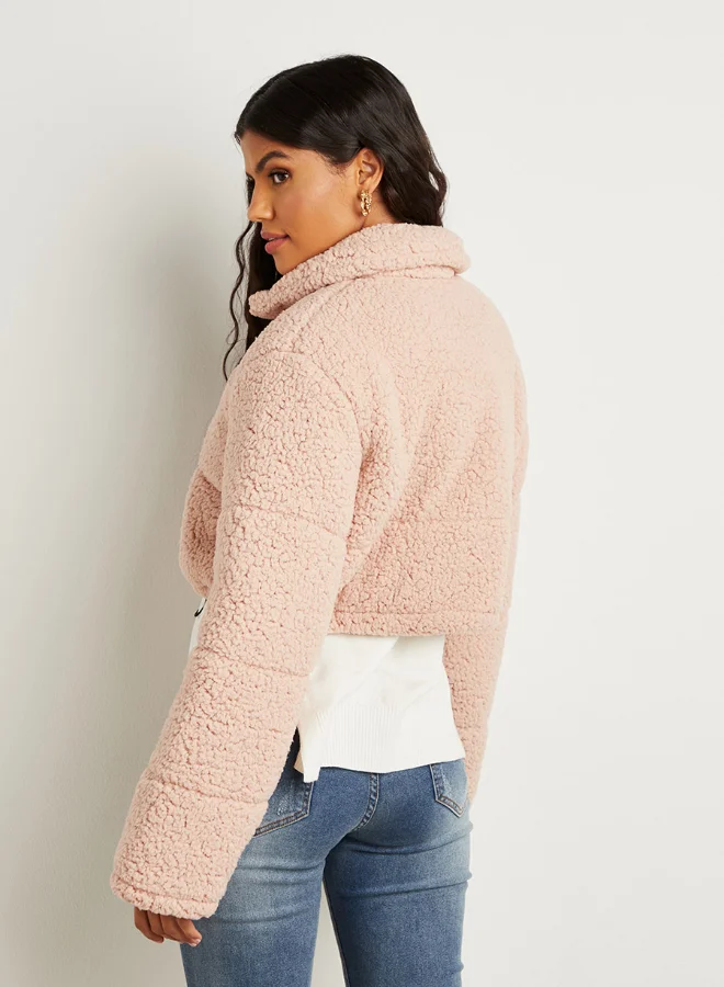 Closet By Styli Cropped Faux Teddy Puffer Jacket Pink