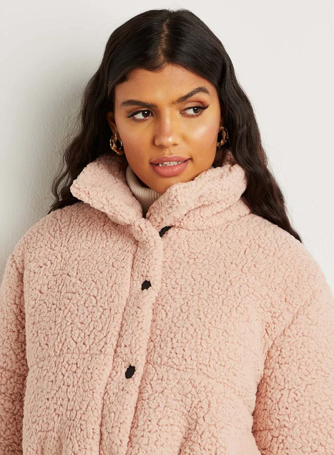 Closet By Styli Cropped Faux Teddy Puffer Jacket Pink
