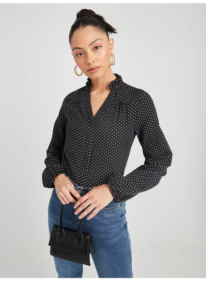 Closet By Styli Polka Dot Printed V-Neck Shirt Black/White
