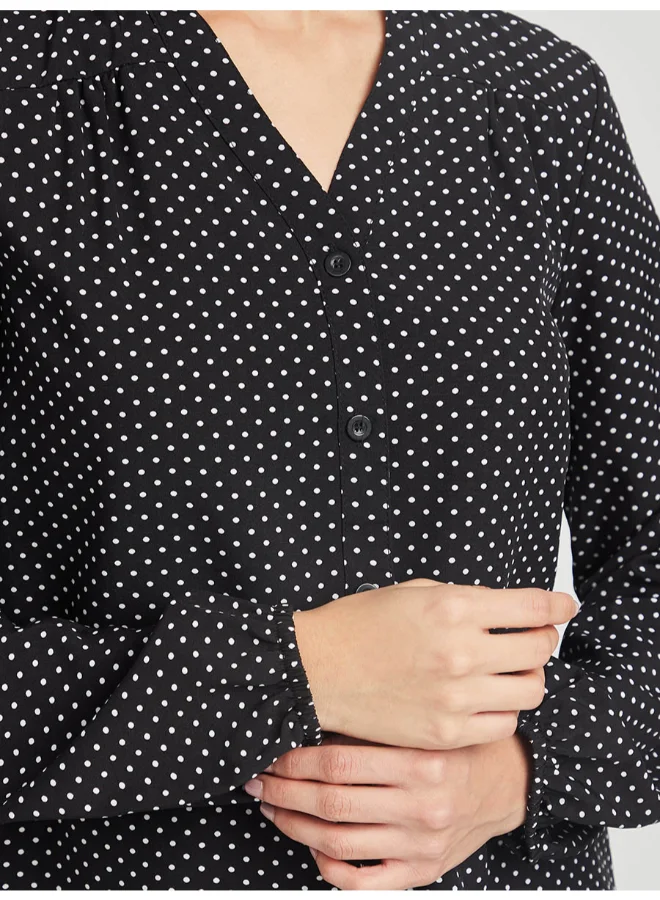 Closet By Styli Polka Dot Printed V-Neck Shirt Black/White