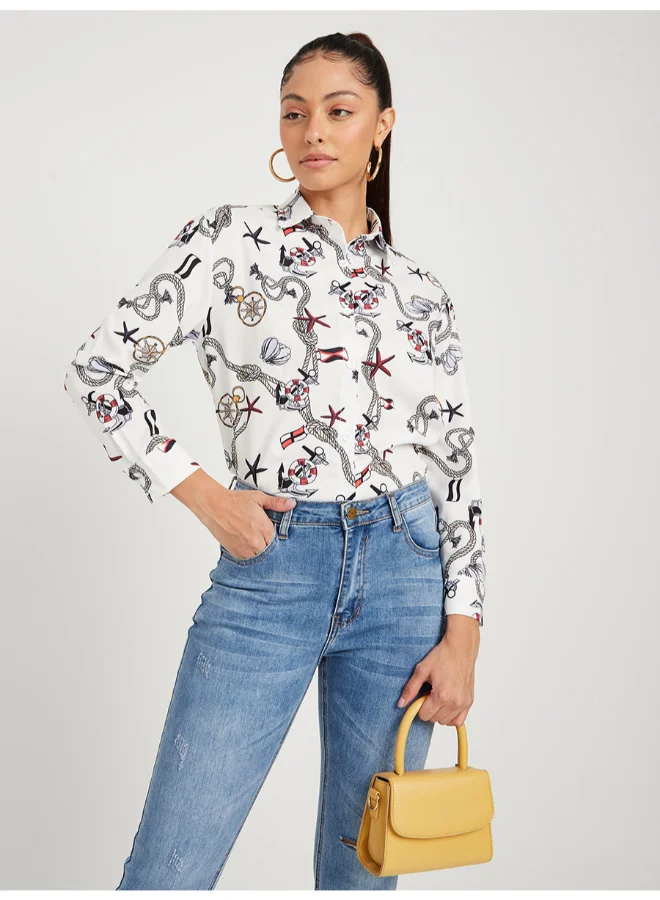 Closet By Styli Anchor Print Loose Fit Shirt Multicolour