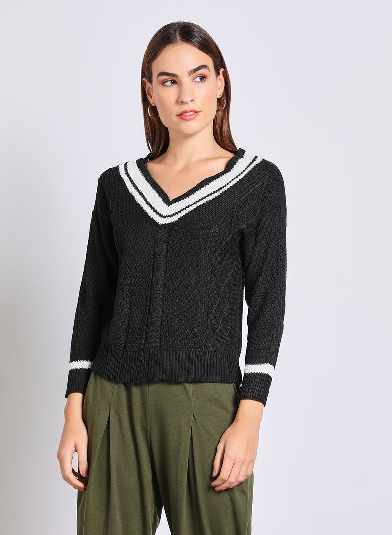 Aila Women V-Neck Color Block Sweater Black  - Image 1