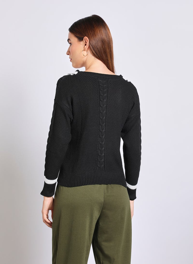 Aila Women V-Neck Color Block Sweater Black  - Image 3