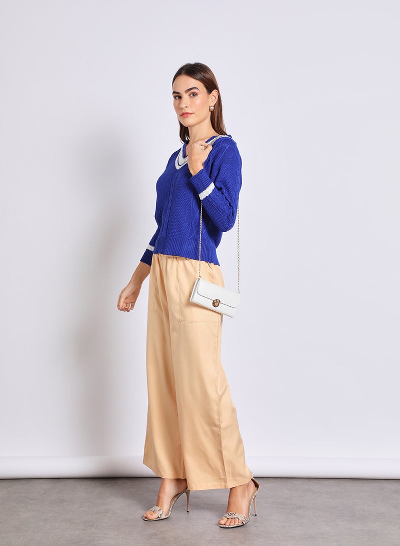 Aila Women V-Neck Color Block Sweater Blue  - Image 2