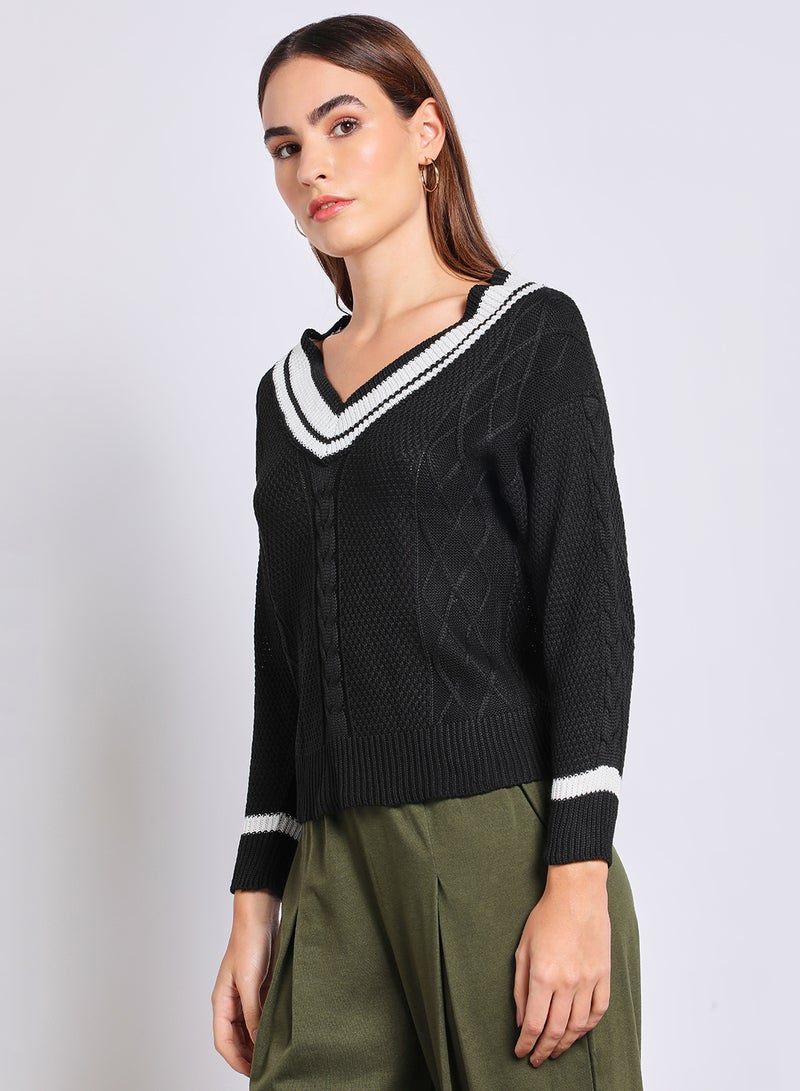Aila Women V-Neck Color Block Sweater Black  - Image 4