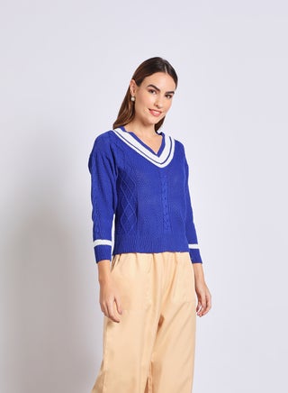 Women V-Neck Color Block Sweater Blue - v1636879663/N48683583V_1