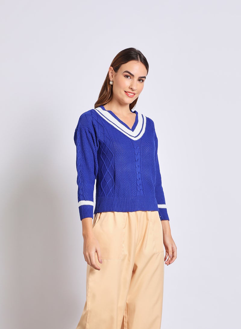 Aila Women V-Neck Color Block Sweater Blue  - Image 1