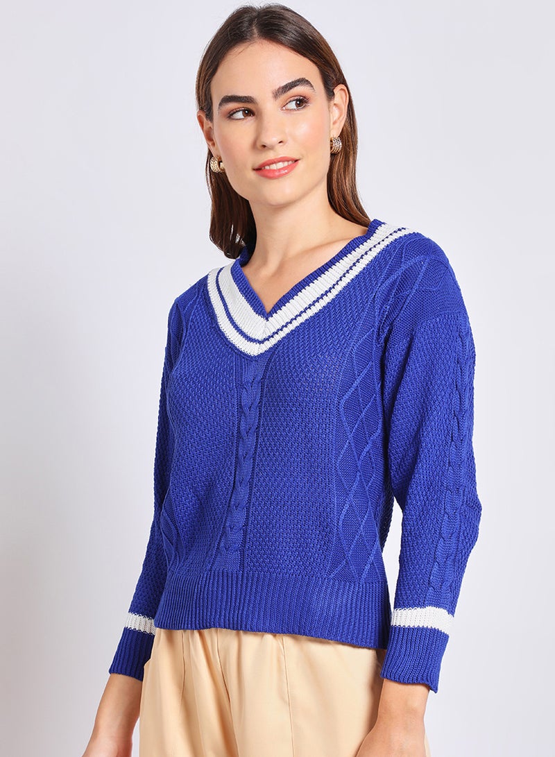 Aila Women V-Neck Color Block Sweater Blue  - Image 4