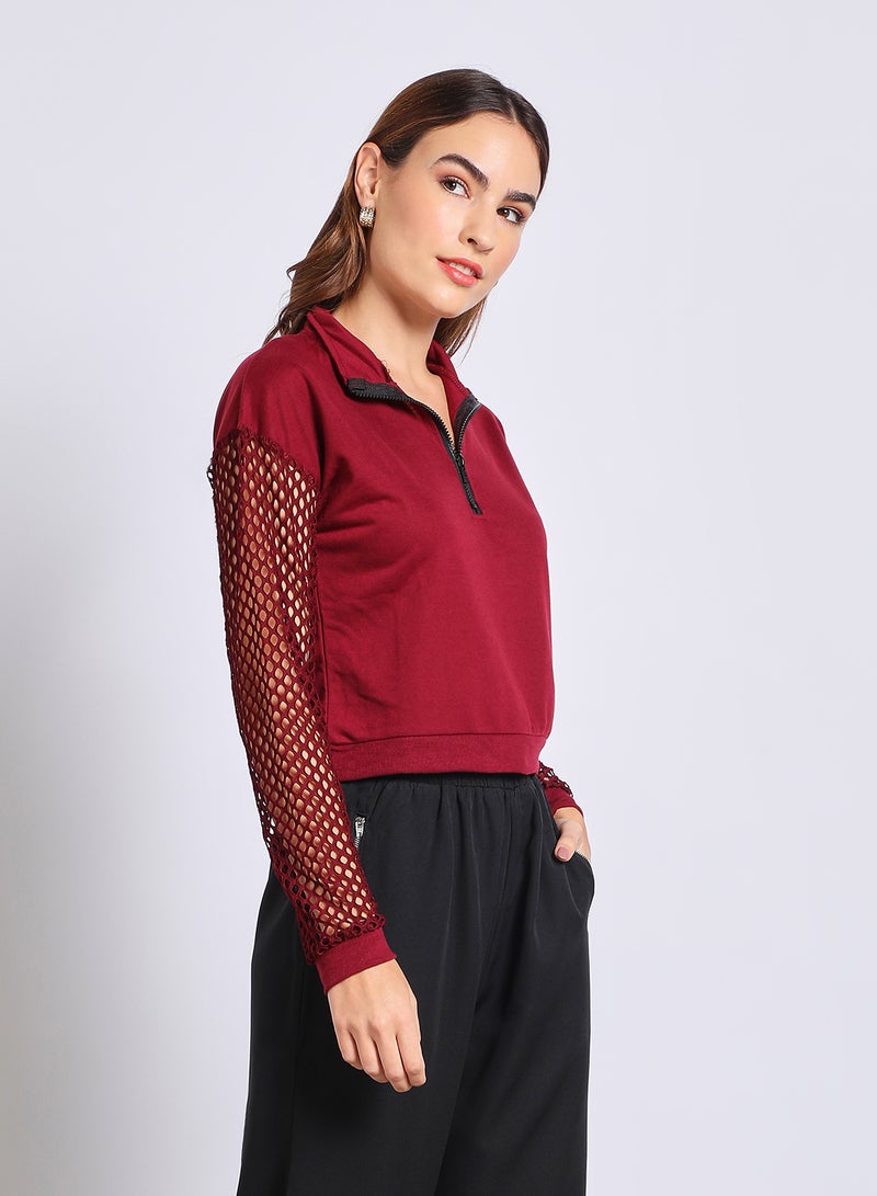 Aila Casual Lace Detail Sweater Maroon  - Image 1