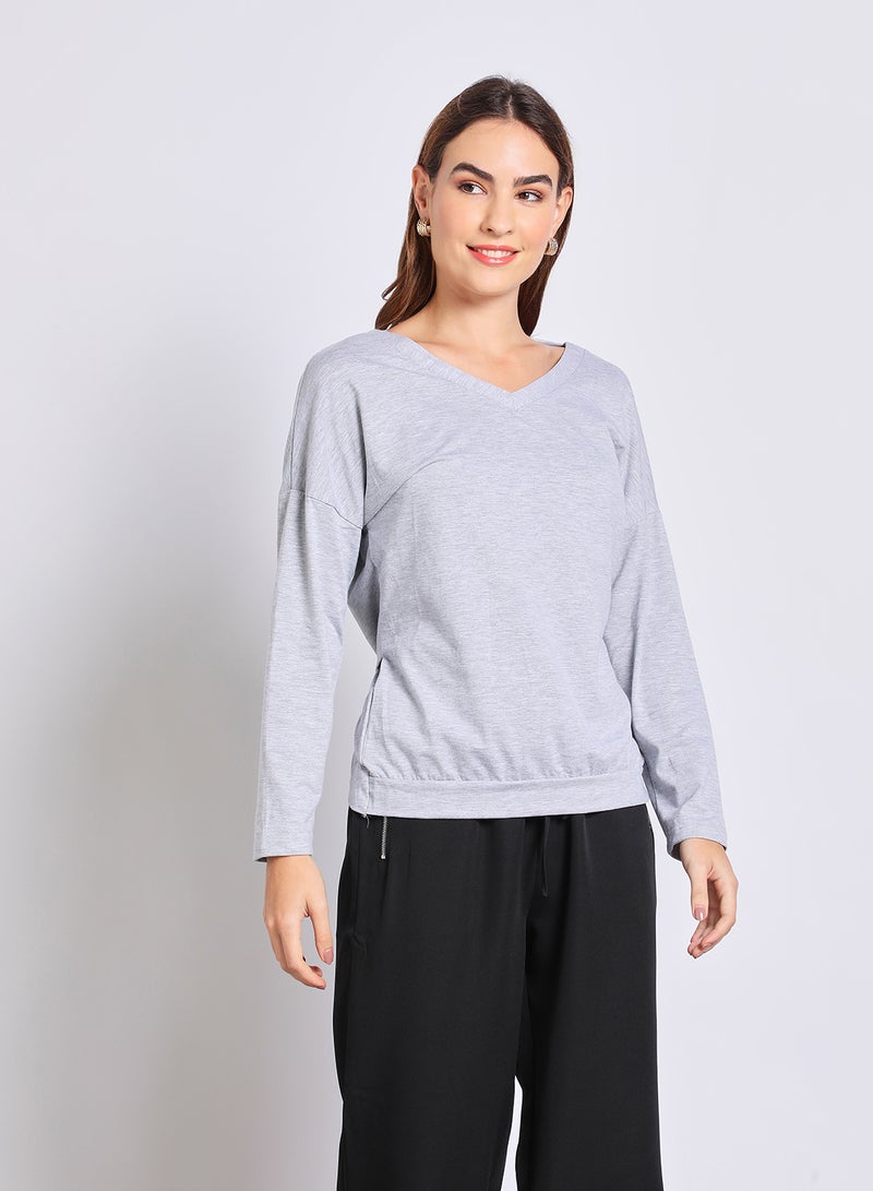 Aila Stylish Long- Pullover V - neck  long sleeves Grey  - Image 1