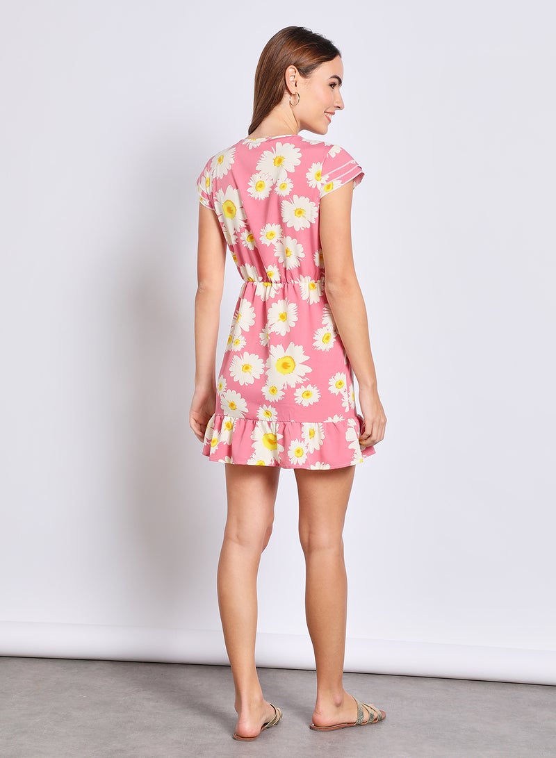 Aila Women'S Casual Knee Length Short Sleeve Floral Dress Pink/White  - Image 3