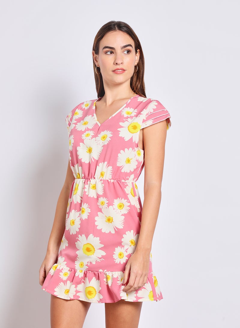 Aila Women'S Casual Knee Length Short Sleeve Floral Dress Pink/White  - Image 4