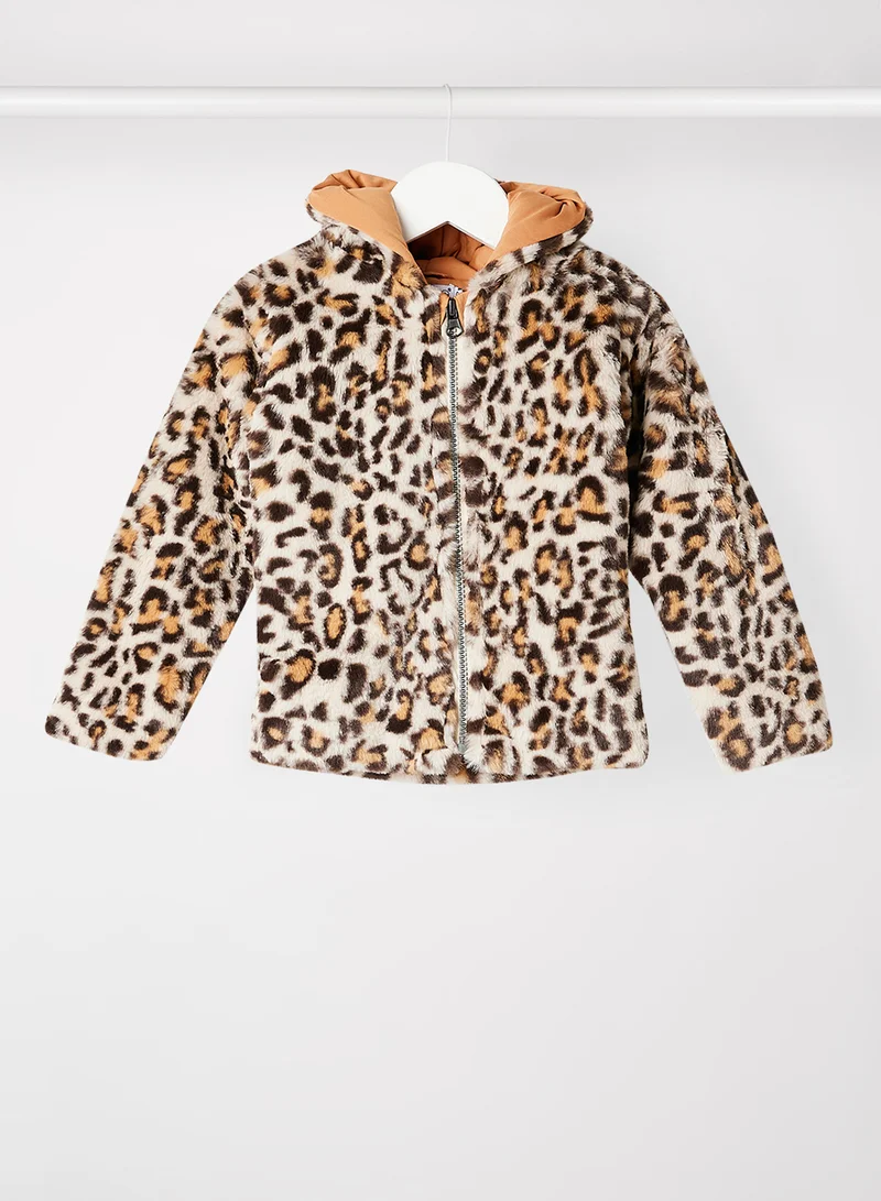 ديركجي Girls Leopard Zip Through Fur Jacket Beige