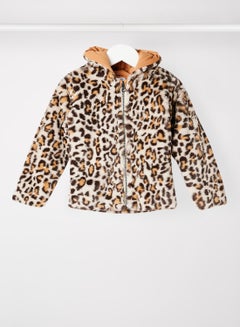 Girls Leopard Zip Through Fur Jacket Beige
